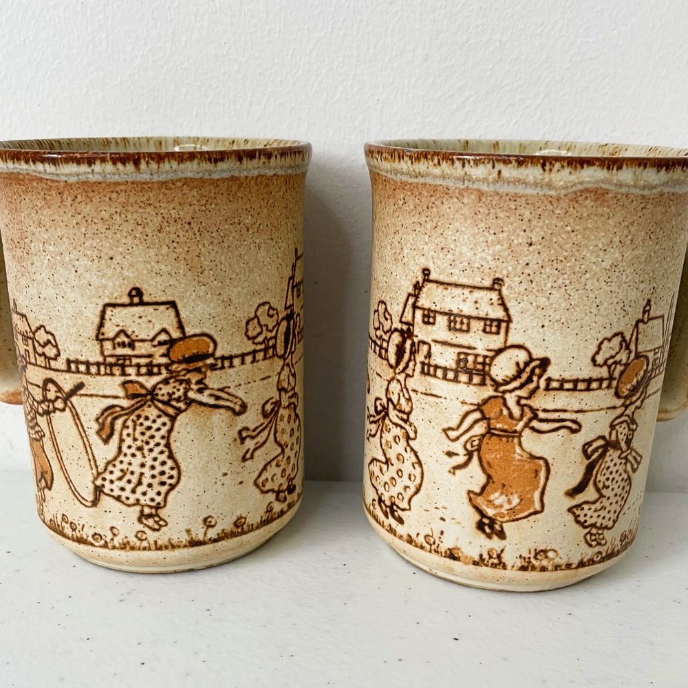 Vintage Mug Cup Set 2 Duncan Ceramics Children Playing Made in Scotland